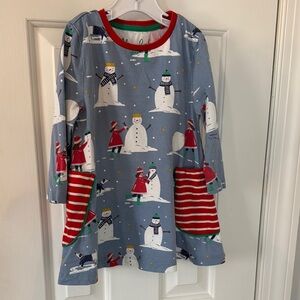 Mini Boden Snowman Print Dress with Red Striped Pockets